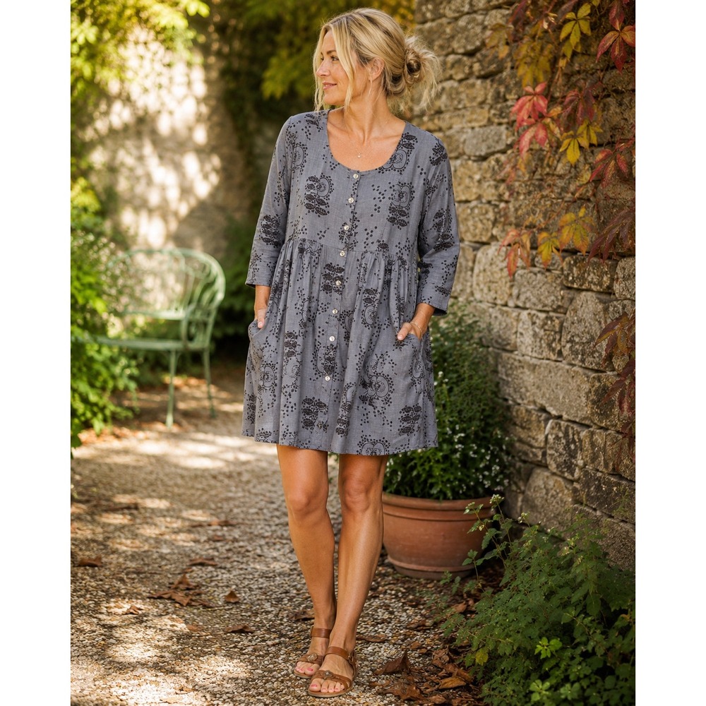 Gudrun Sjoden Dress S Gray Cotton Linen Scandinavian Folk Art Cottagecore Boho